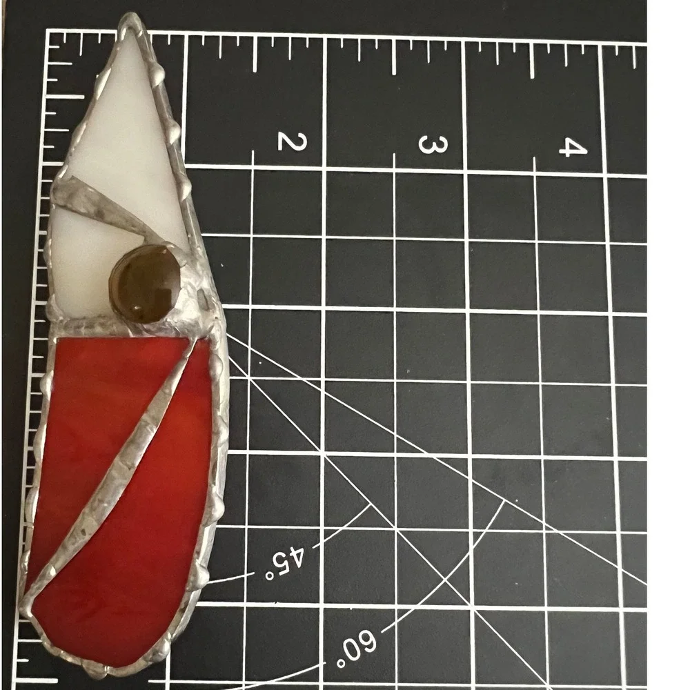 Handmade Stained Glass Brooch Pin Red White Abstract Geometric 3